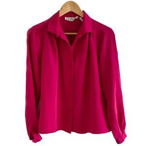 Vintage hot pink chiffon lightweight secretary blouse shoulder pleats size M